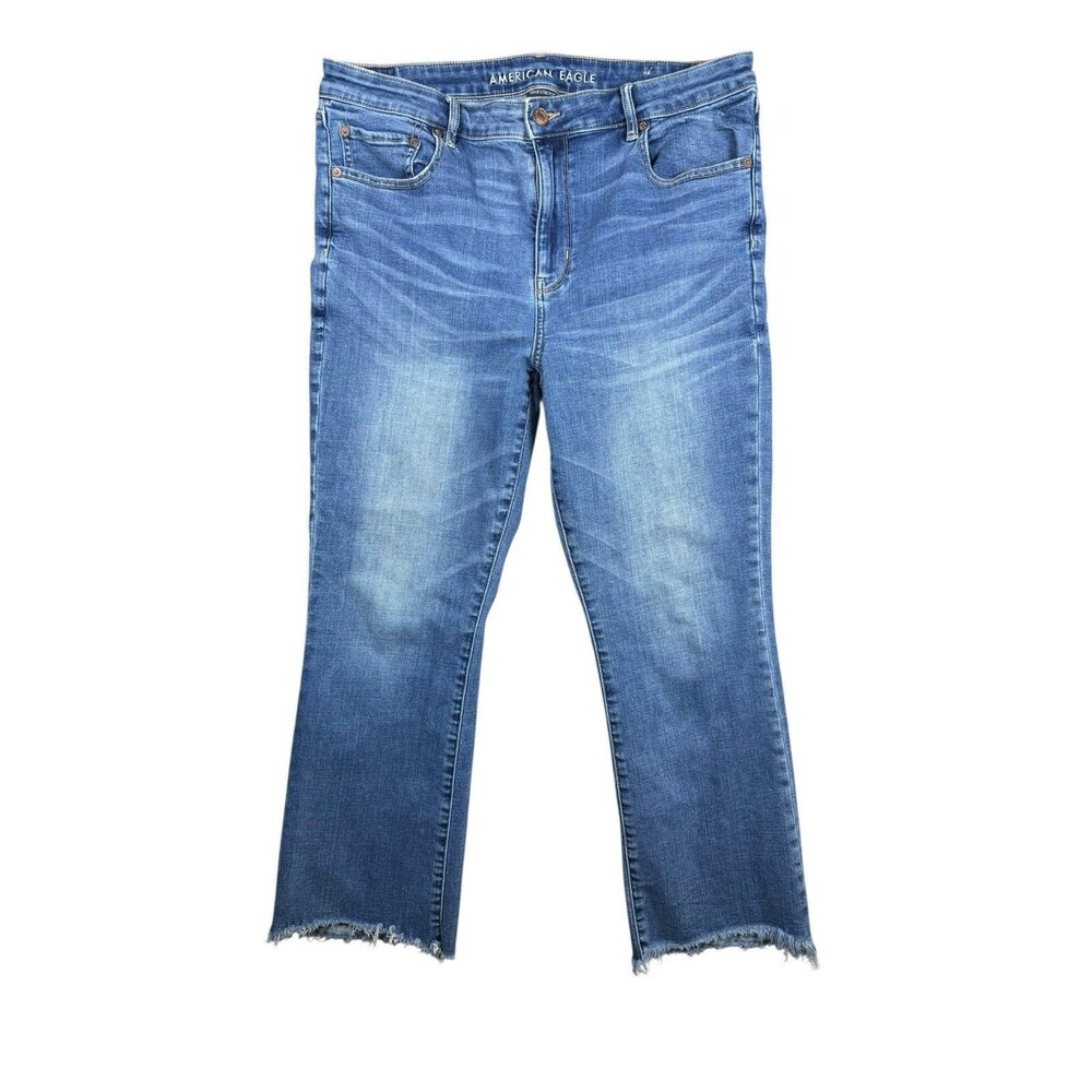 American Eagle Kick Flare Jeans Womens 16 Hi Rise Crop Raw Hem Stretch Boho Chic